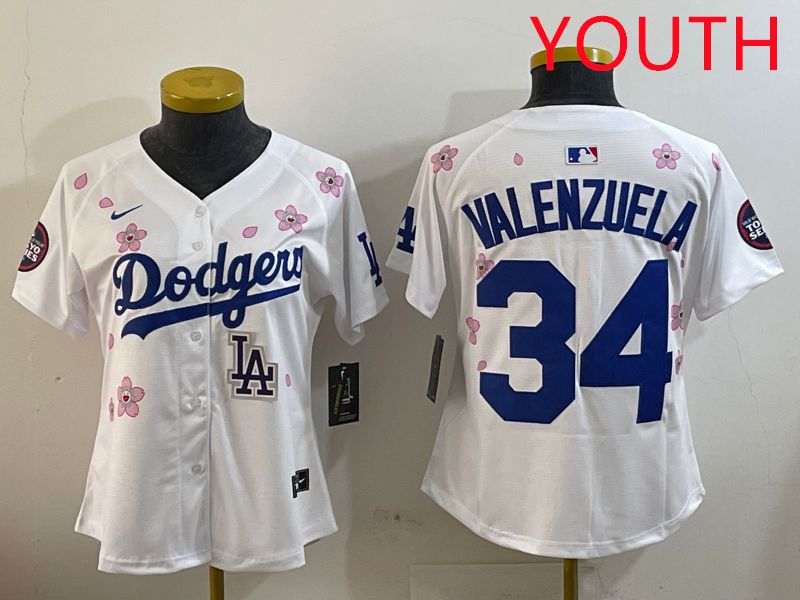 Youth Los Angeles Dodgers #34 Valenzuela White Sakura Edition 2025 Nike MLB Jersey style 9->youth mlb jersey->Youth Jersey